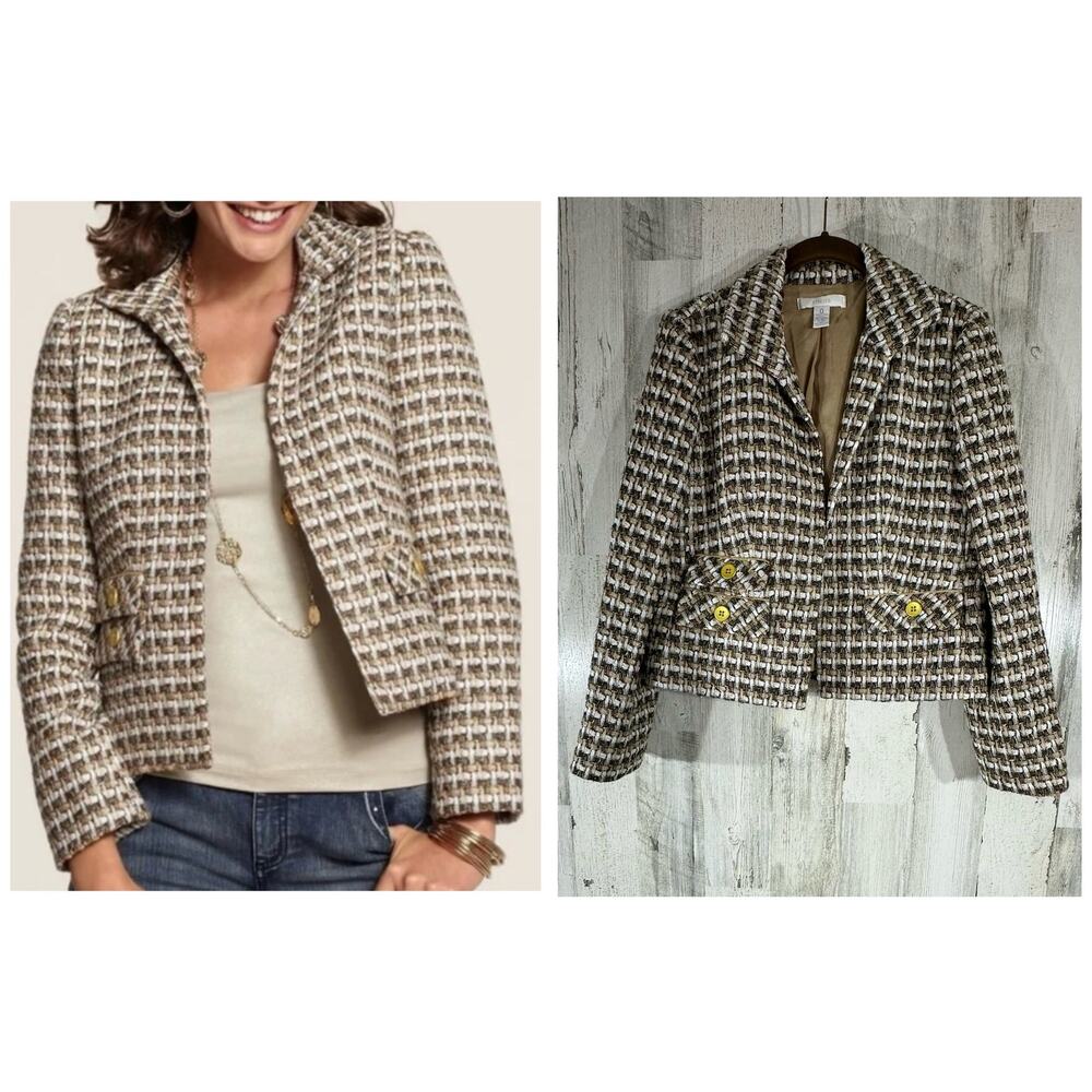 Chicos Woven Tweed Open Front Blazer Size 0 or Small Brown Gold Tan White READ